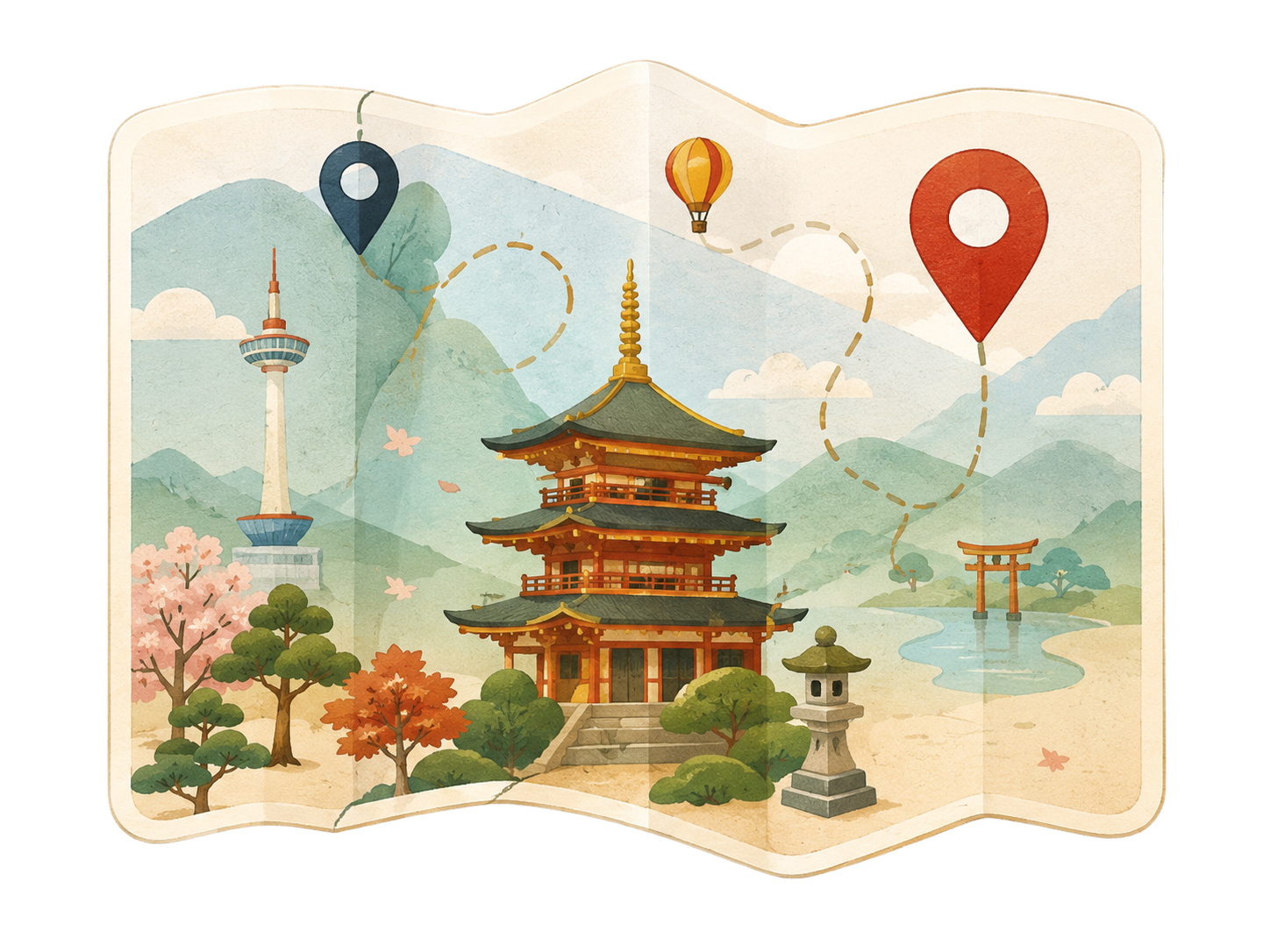 An illustrated, folded map of Kyoto in the momiji palette.
